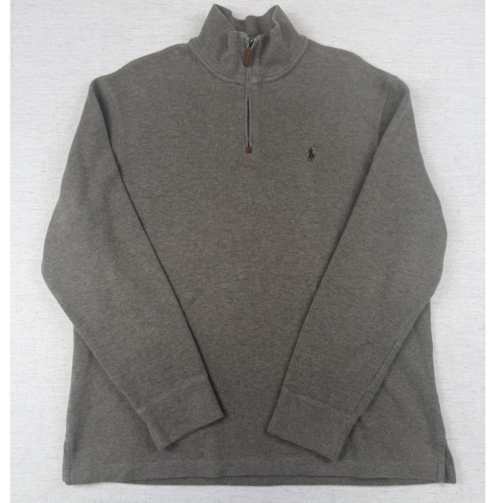 Polo Ralph Lauren Mens Large Taupe Brown 1/4 Zip Cotton Ribbed Knit Sweater L